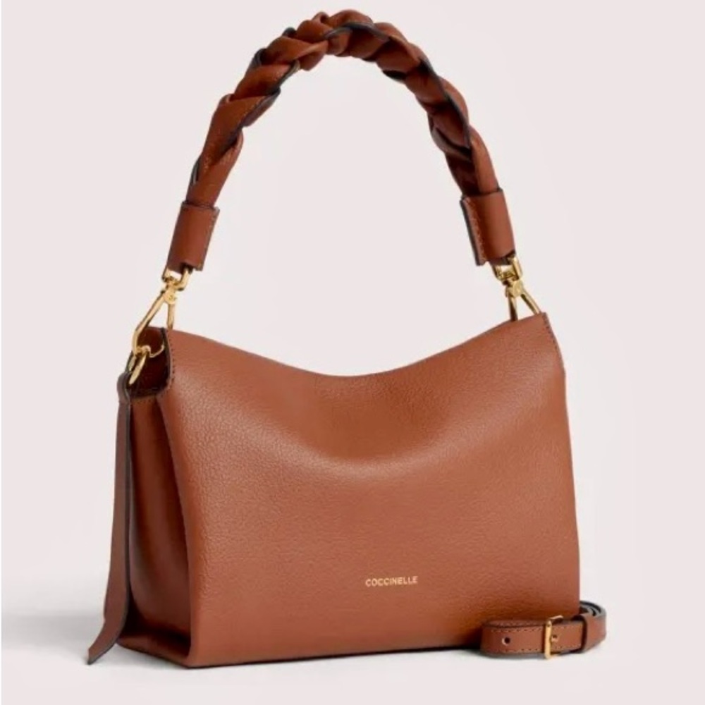 Coccinelle Italian Pebbled Leather Boheme Crossbody Bag- Cognac Brown, Small